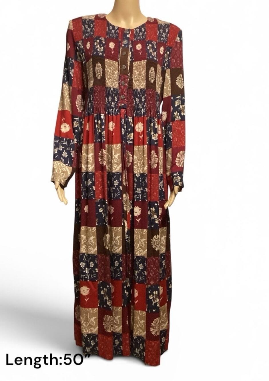 Vtg 90s Karin Stevens Patchwork Floral Maxi Dress Long Sleeve Smocked Boho 6/M